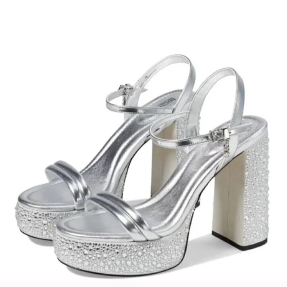 Michael Kors size 9 Laci Embellished Metallic Silver Leather Platform Sandals‎